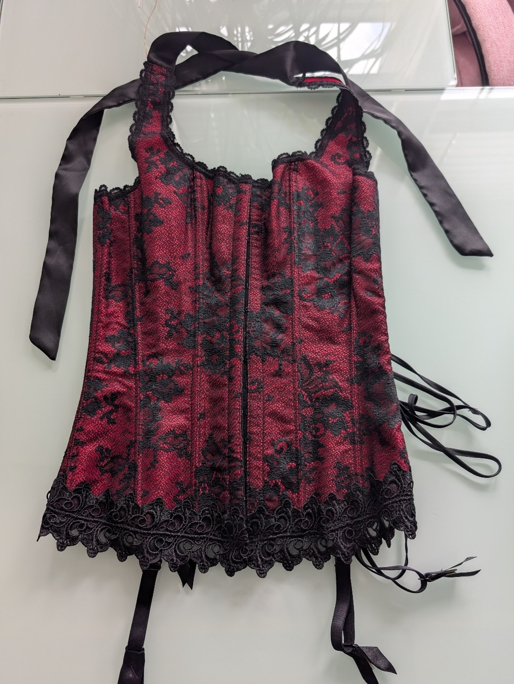 Frederick's of Hollywood Red and Black Lace-Up Corset Panel